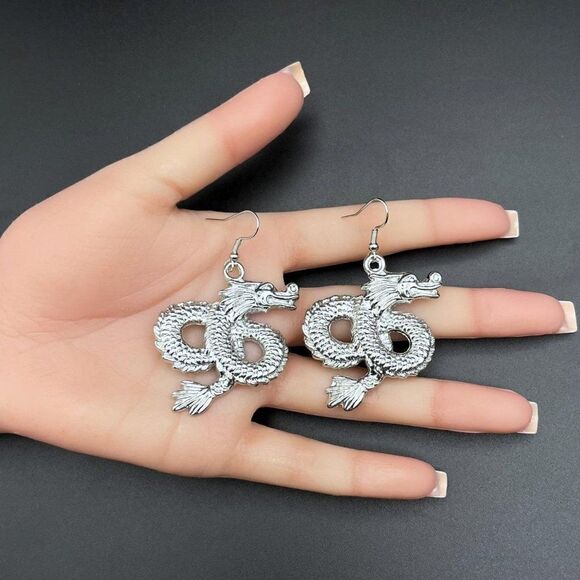 Silver Intricate Asian Inspired Mythical Dragon Dangling Drop Hook Earrings - Picture 9 of 9